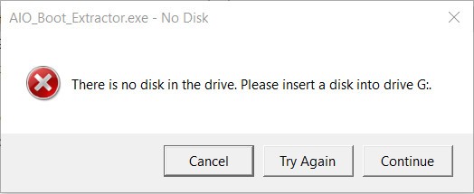 There is no disk in the drive. Please insert a disk into drive